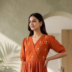 Rust Orange Handwork Midi | Soft Rayon Fabric