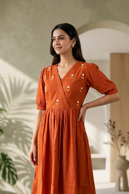 Rust Orange Handwork Midi | Soft Rayon Fabric