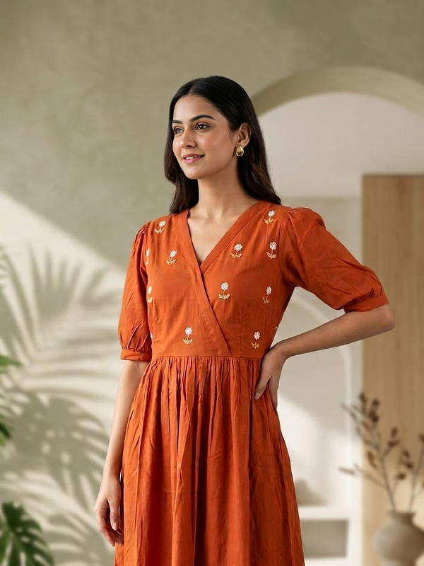 Rust Orange Handwork Midi | Soft Rayon Fabric