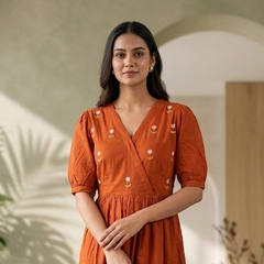 Rust Orange Handwork Midi | Soft Rayon Fabric