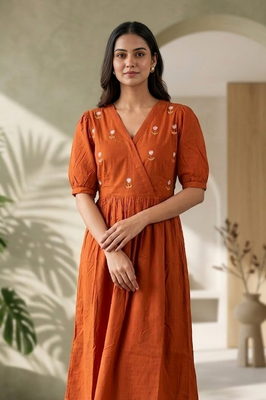 Rust Orange Handwork Midi | Soft Rayon Fabric