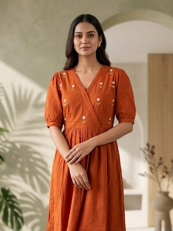 Rust Orange Handwork Midi | Soft Rayon Fabric