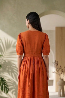 Rust Orange Handwork Midi | Soft Rayon Fabric