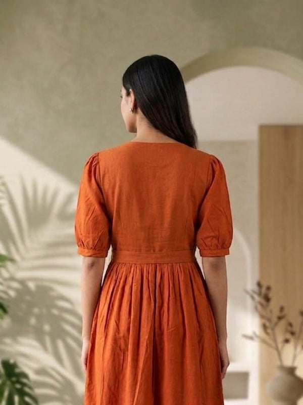 Rust Orange Handwork Midi | Soft Rayon Fabric