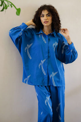 Indolady Azure Bird Print Cotton Co-Ord Set