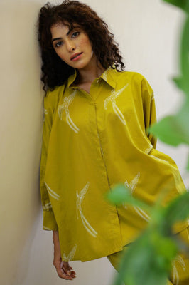 Indolady Olive Breeze Bird Print Cotton Co-Ord Set
