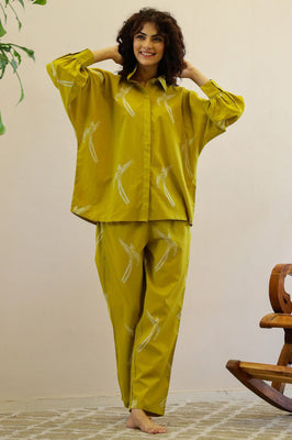 Indolady Olive Breeze Bird Print Cotton Co-Ord Set