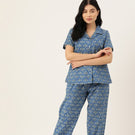 Indolady Blue Floral Printed Cotton Night Suit Set for Women