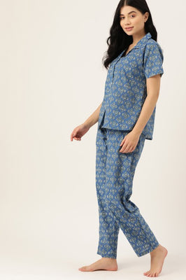 Indolady Blue Floral Printed Cotton Night Suit Set for Women