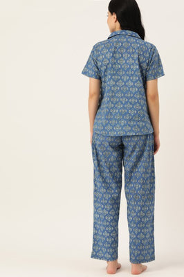 Indolady Blue Floral Printed Cotton Night Suit Set for Women