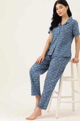 Indolady Blue Floral Printed Cotton Night Suit Set for Women