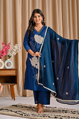 Indolady Blue Orchid Premium Cotton Suit Set with Dupatta