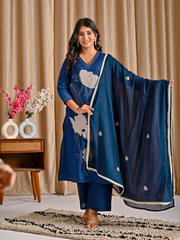 Indolady Blue Orchid Premium Cotton Suit Set with Dupatta