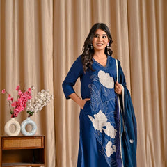 Indolady Blue Orchid Premium Cotton Suit Set with Dupatta