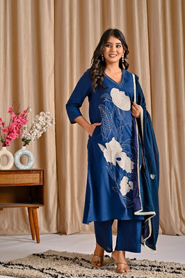 Indolady Blue Orchid Premium Cotton Suit Set with Dupatta