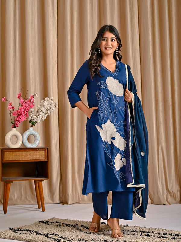 Indolady Blue Orchid Premium Cotton Suit Set with Dupatta