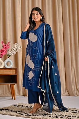 Indolady Blue Orchid Premium Cotton Suit Set with Dupatta