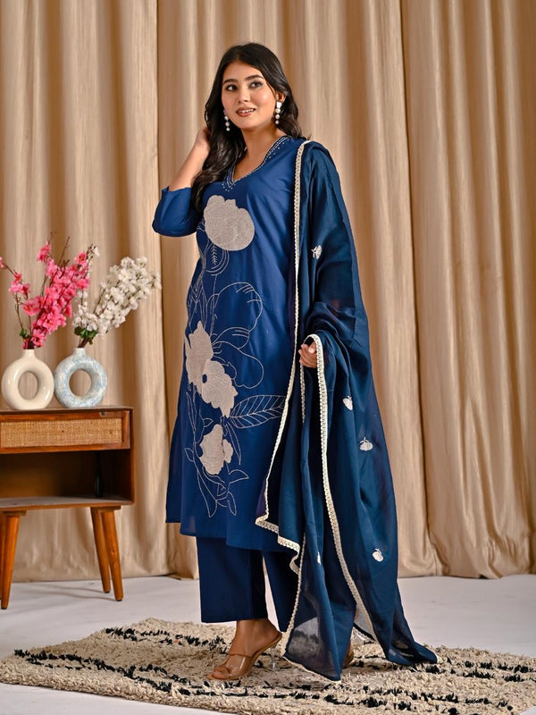 Indolady Blue Orchid Premium Cotton Suit Set with Dupatta