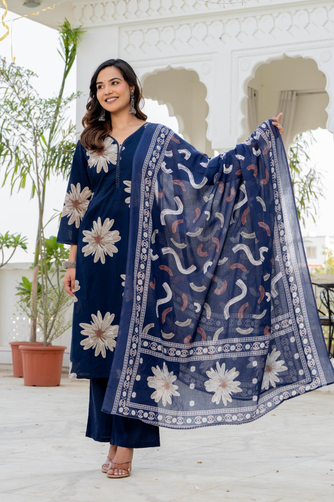 Indolady Sapphire Bloom Premium Cotton Kurta Pant Dupatta Set