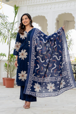 Indolady Sapphire Bloom Premium Cotton Kurta Pant Dupatta Set