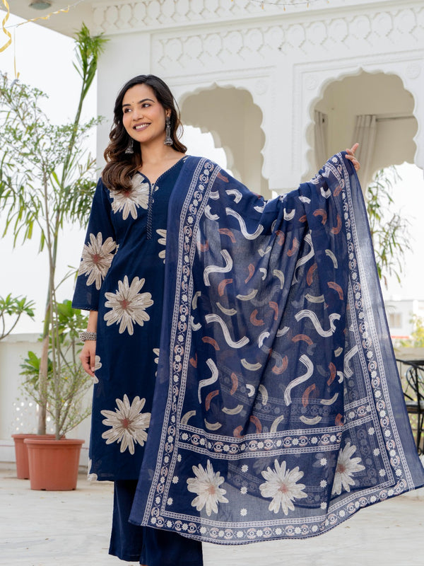 Indolady Sapphire Bloom Premium Cotton Kurta Pant Dupatta Set