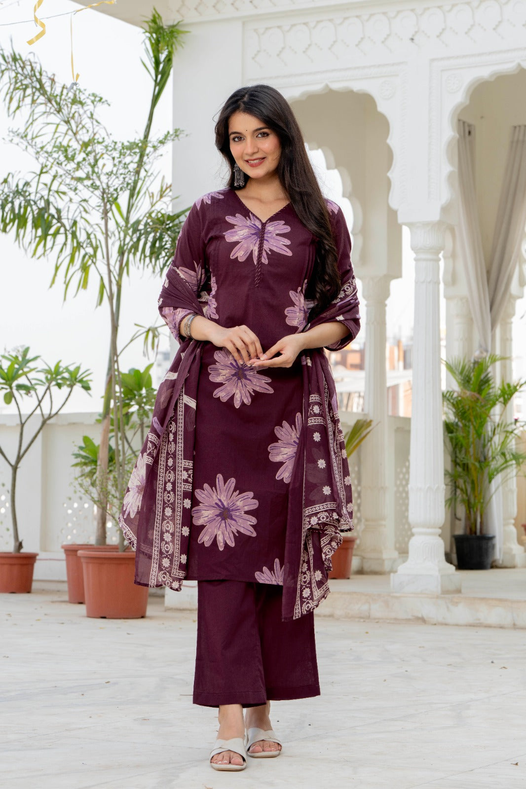 Indolady Wine Blossom Premium Cotton Kurta Pant Dupatta Set