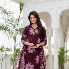 Indolady Wine Blossom Premium Cotton Kurta Pant Dupatta Set