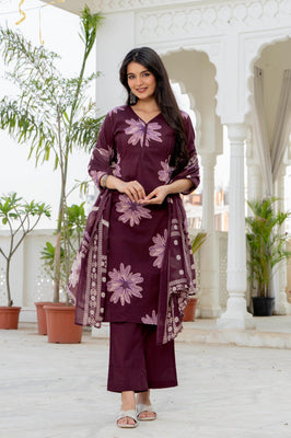 Indolady Wine Blossom Premium Cotton Kurta Pant Dupatta Set