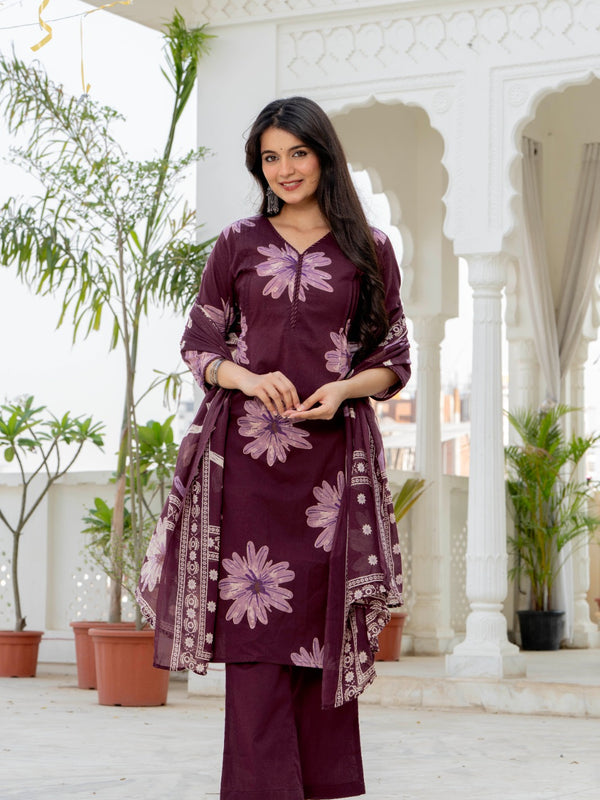 Indolady Wine Blossom Premium Cotton Kurta Pant Dupatta Set
