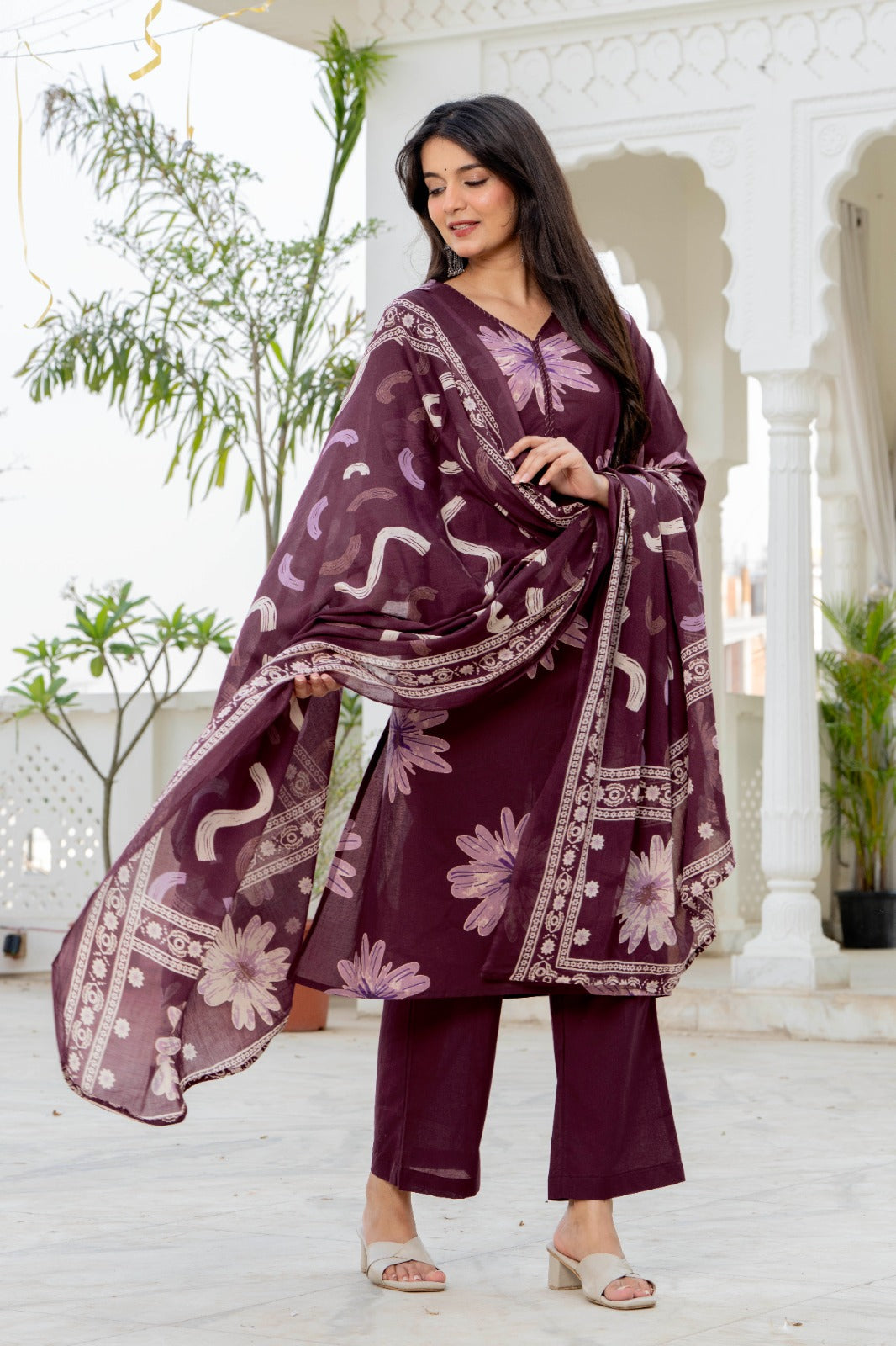 Indolady Wine Blossom Premium Cotton Kurta Pant Dupatta Set