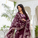Indolady Wine Blossom Premium Cotton Kurta Pant Dupatta Set