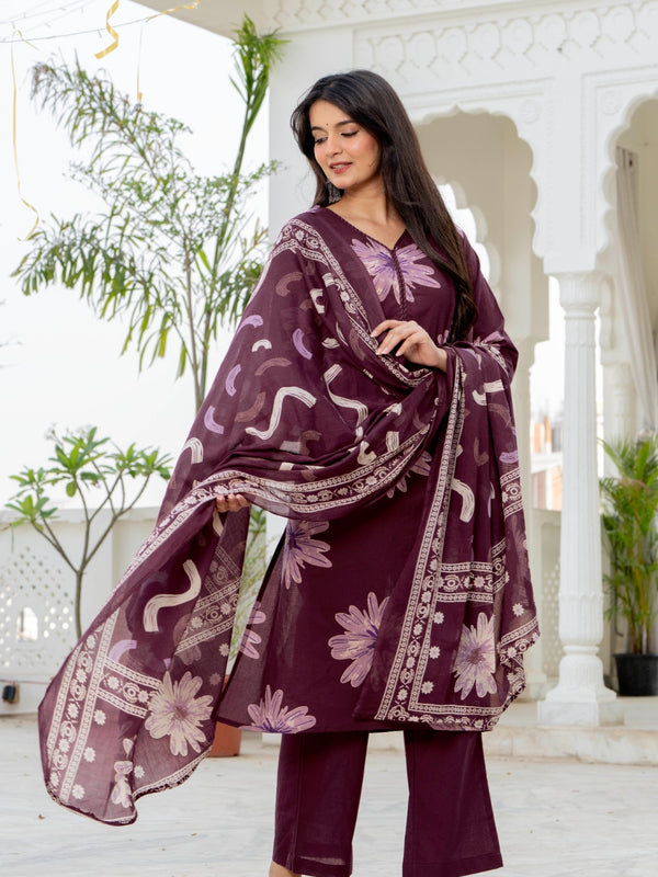 Indolady Wine Blossom Premium Cotton Kurta Pant Dupatta Set