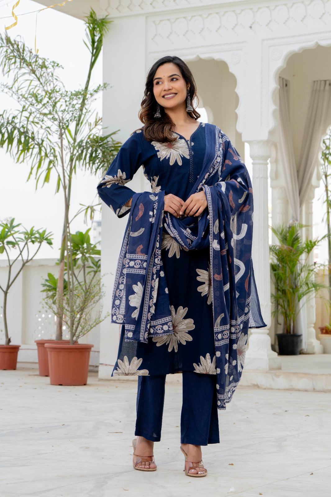 Indolady Sapphire Bloom Premium Cotton Kurta Pant Dupatta Set