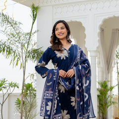 Indolady Sapphire Bloom Premium Cotton Kurta Pant Dupatta Set