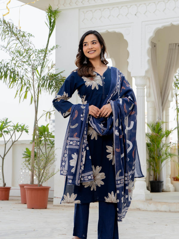 Indolady Sapphire Bloom Premium Cotton Kurta Pant Dupatta Set
