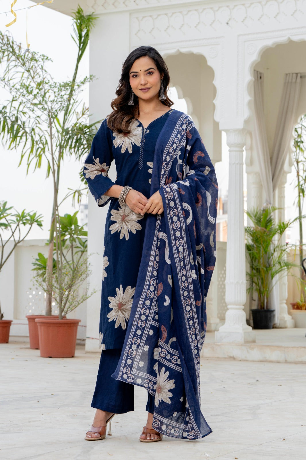 Indolady Sapphire Bloom Premium Cotton Kurta Pant Dupatta Set