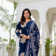 Indolady Sapphire Bloom Premium Cotton Kurta Pant Dupatta Set
