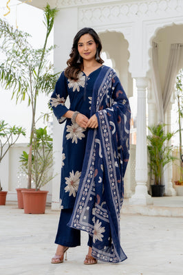 Indolady Sapphire Bloom Premium Cotton Kurta Pant Dupatta Set