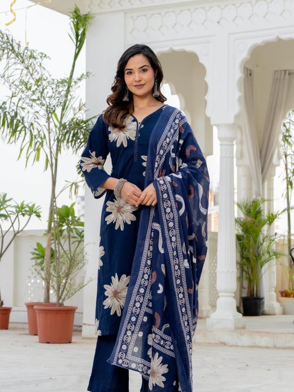 Indolady Sapphire Bloom Premium Cotton Kurta Pant Dupatta Set
