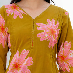 Indolady Golden Daisy Premium Cotton Kurta Pant Dupatta Set