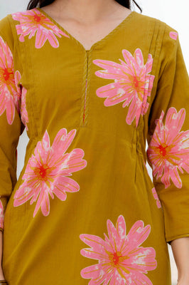 Indolady Golden Daisy Premium Cotton Kurta Pant Dupatta Set