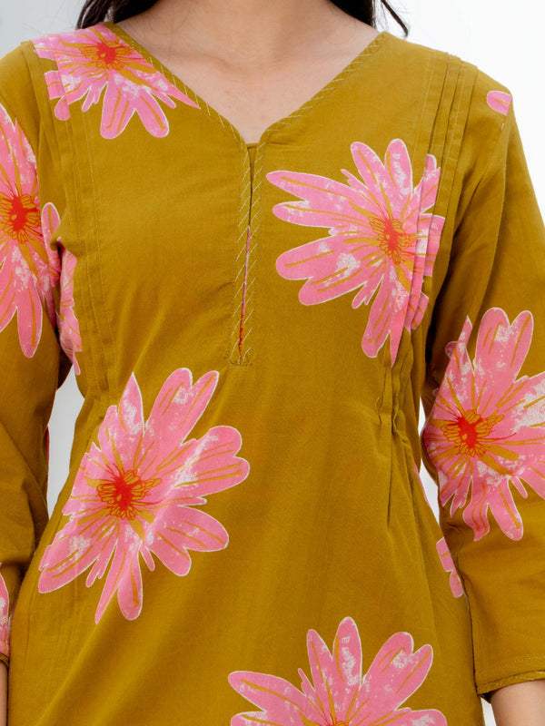 Indolady Golden Daisy Premium Cotton Kurta Pant Dupatta Set