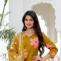 Indolady Golden Daisy Premium Cotton Kurta Pant Dupatta Set