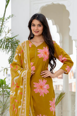Indolady Golden Daisy Premium Cotton Kurta Pant Dupatta Set