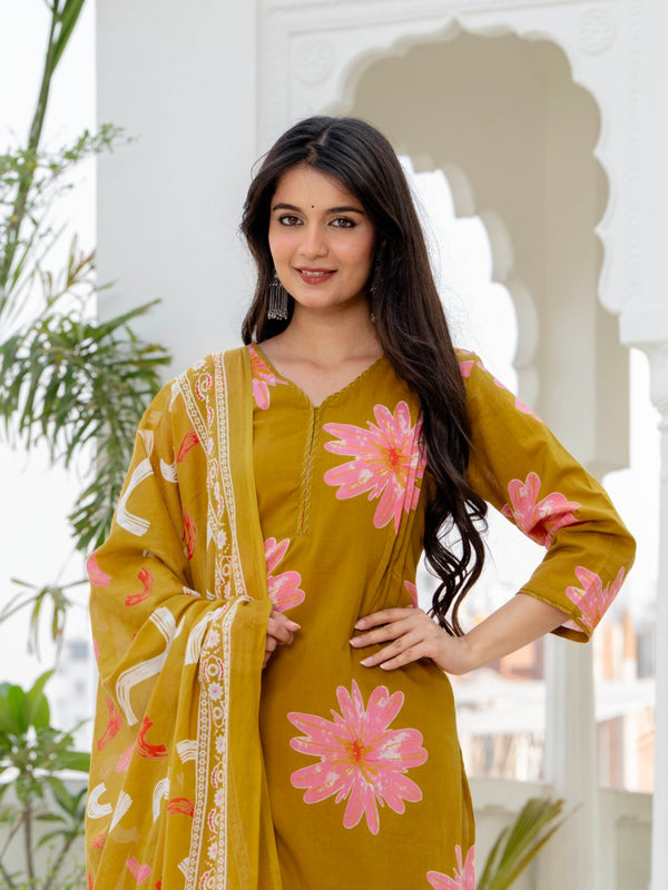 Indolady Golden Daisy Premium Cotton Kurta Pant Dupatta Set
