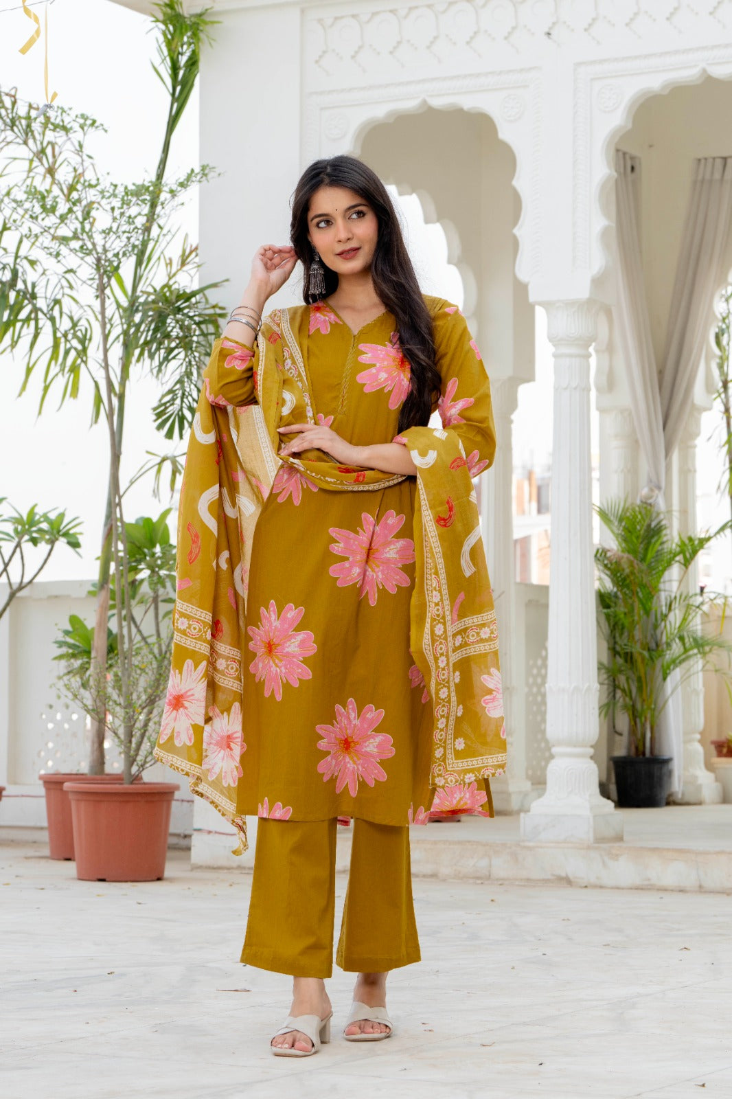 Indolady Golden Daisy Premium Cotton Kurta Pant Dupatta Set