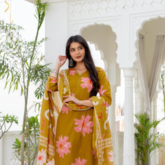 Indolady Golden Daisy Premium Cotton Kurta Pant Dupatta Set