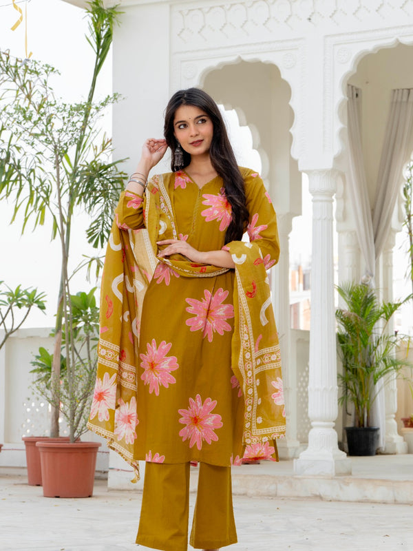 Indolady Golden Daisy Premium Cotton Kurta Pant Dupatta Set