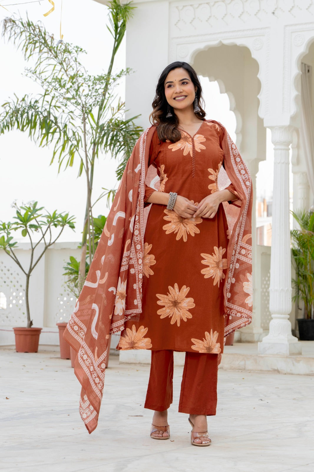 Indolady Autumn Daisy Premium Cotton Kurta Pant Dupatta Set