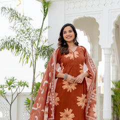 Indolady Autumn Daisy Premium Cotton Kurta Pant Dupatta Set